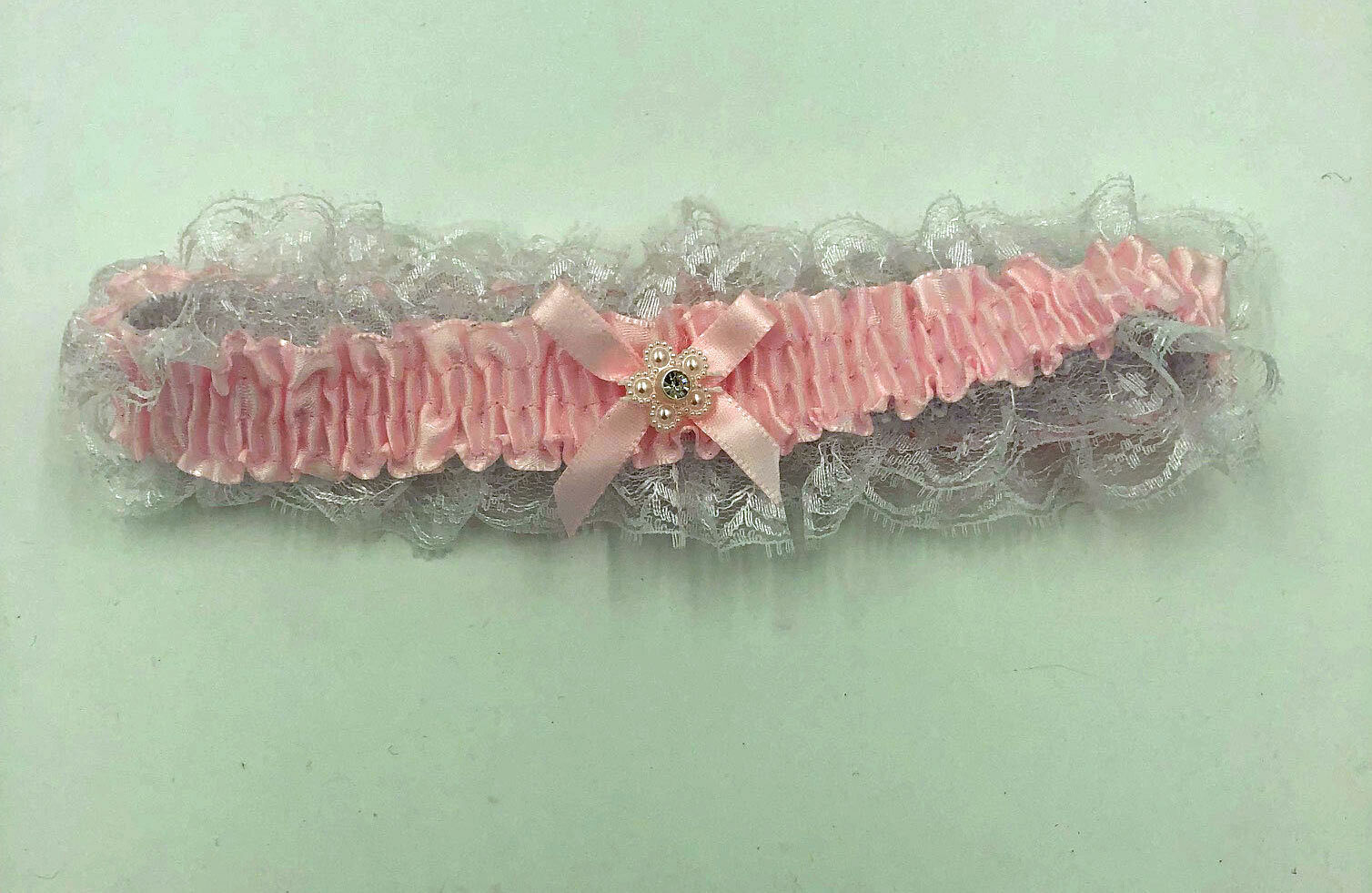 Satin Leg Garter – One Size – Baby Pink With White Lace