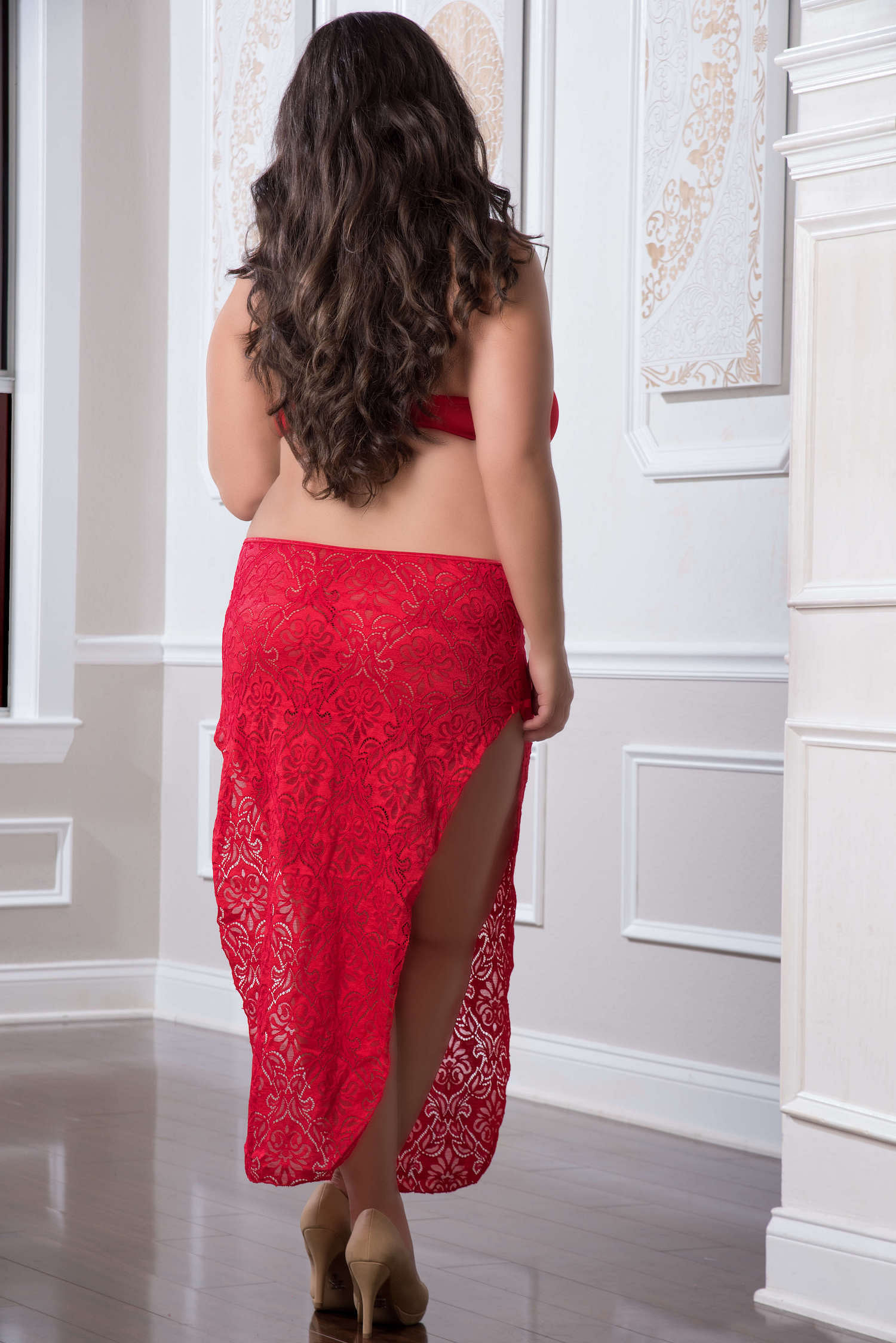 2 Pc. Shoulder-Baring Laced Night Dress – Red  Cherry – Queen Size