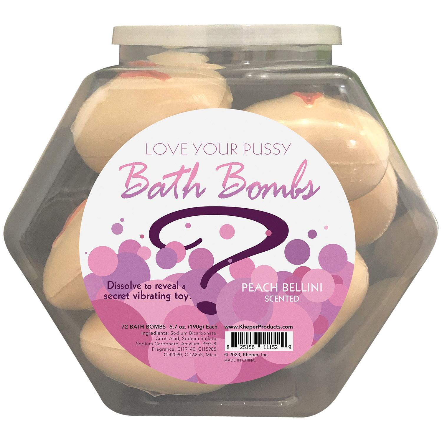 Love Your Pussy Bath Bomb Fishbowl Display of 9  Units – Peach Bellini