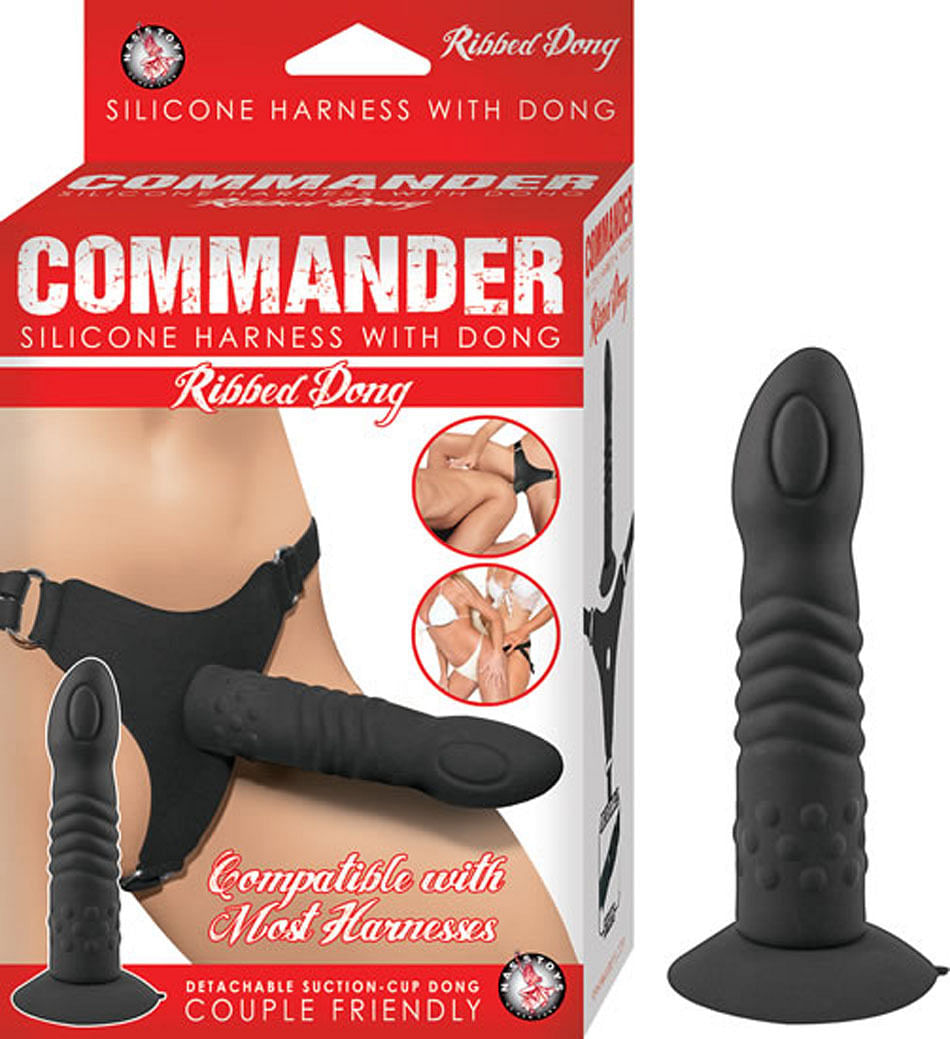 Commander Ribbed Dong With Harness – Black