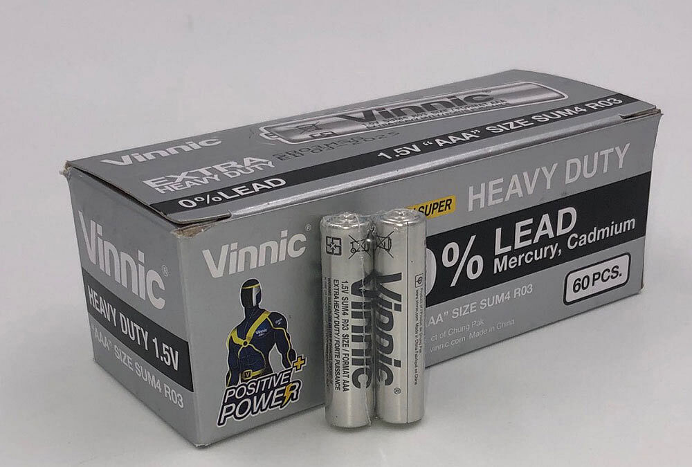 Vinnic Extra Heavy Duty AAA Batteries – 2 Pc./ Shrink Pk. – 60 Pcs. Box