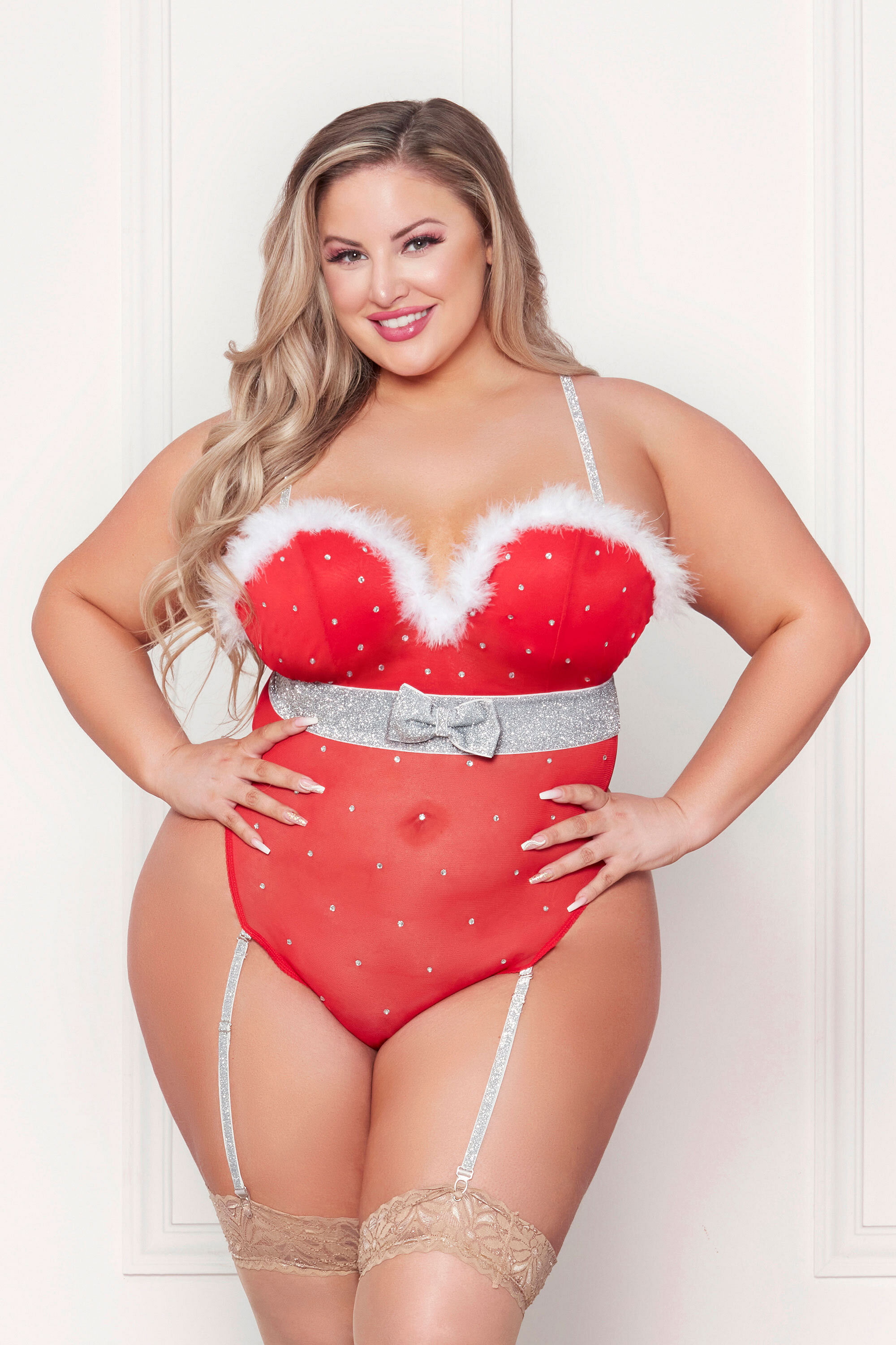 Rhinestone Studded Mesh Teddy With Marabou Trim –  X-Large – Red