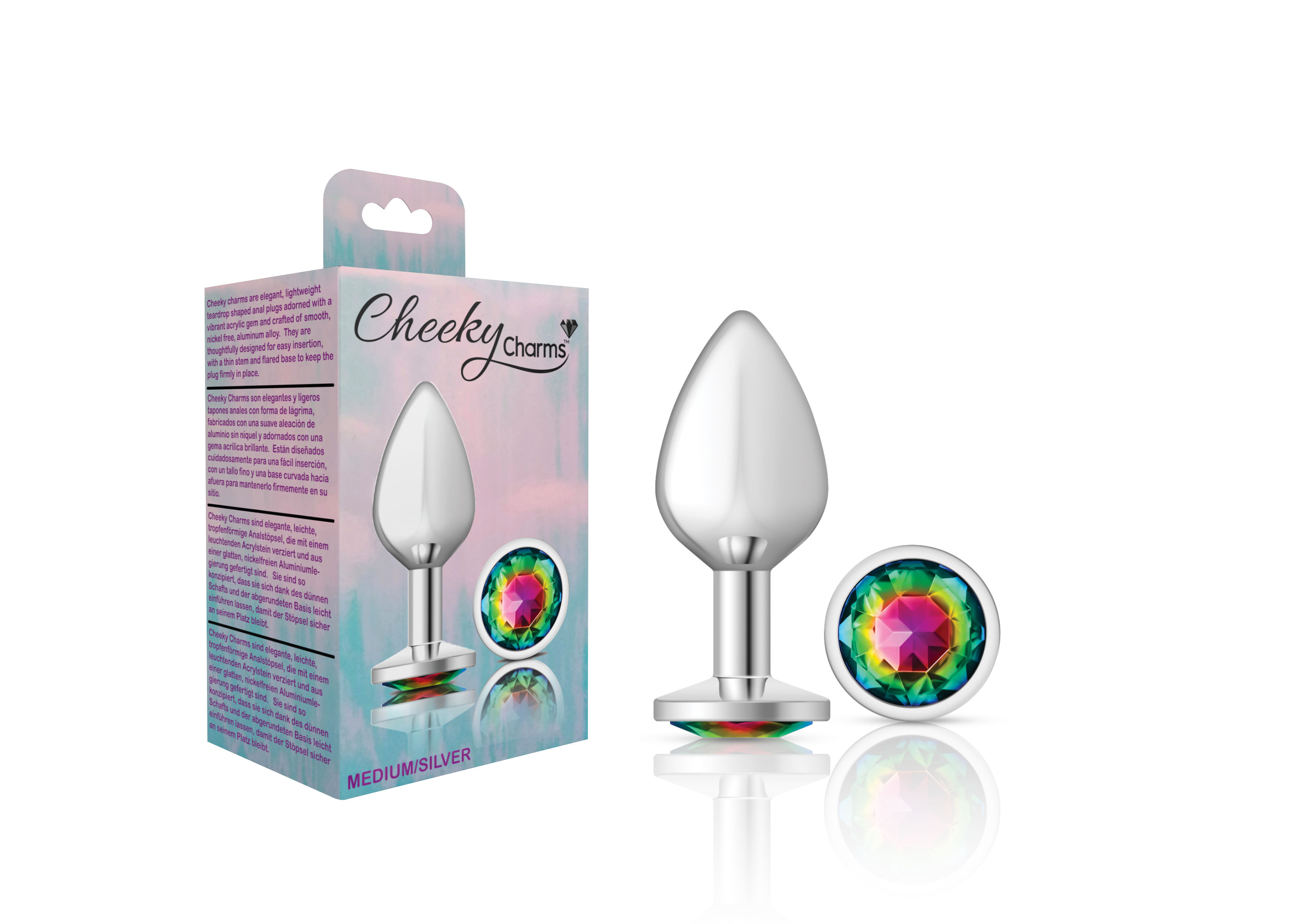 Cheeky Charms-Silver Metal Butt Plug- Round-Rainbow-Medium