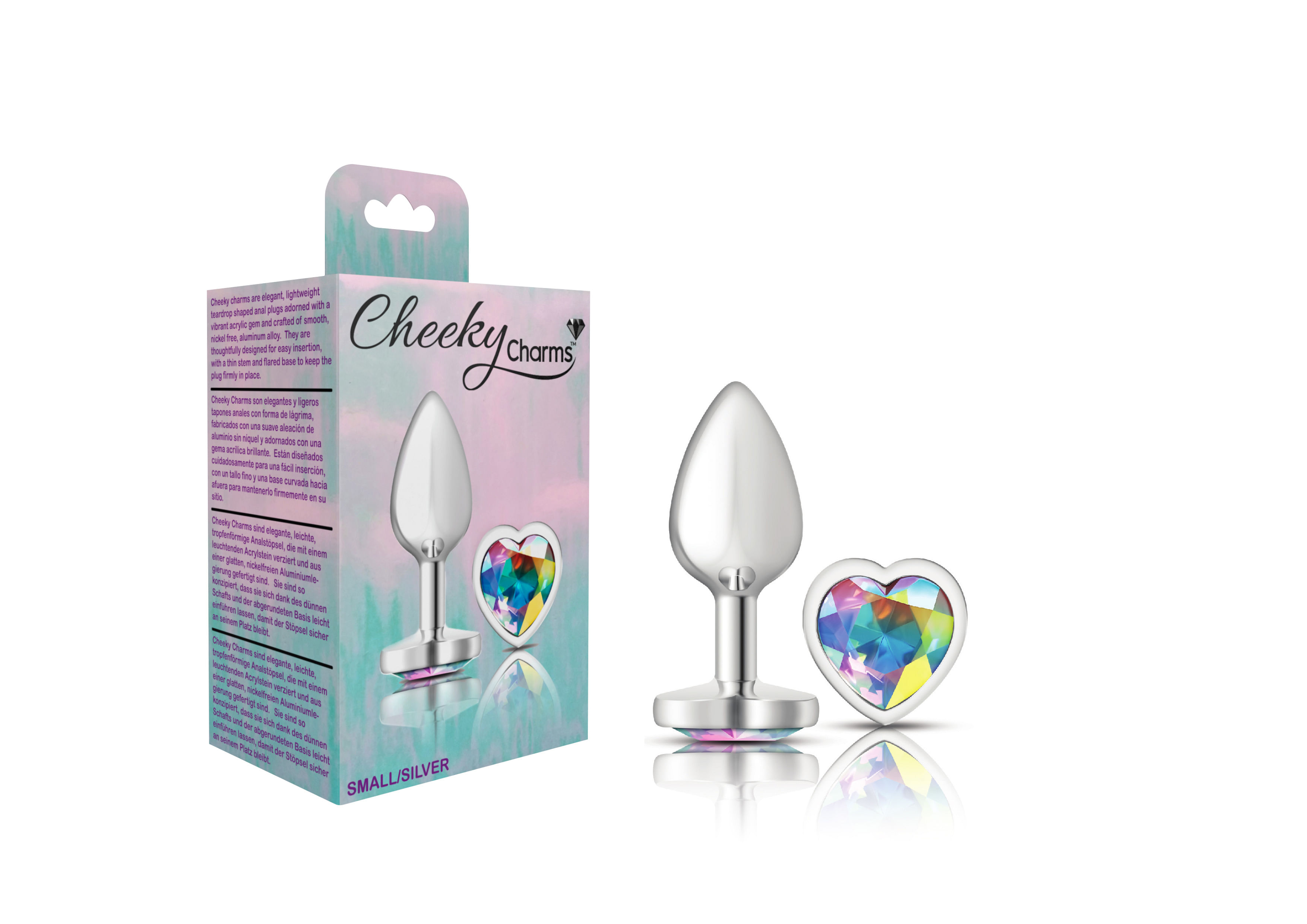 Cheeky Charms-Silver Metal Butt Plug- Heart-Clear-Small