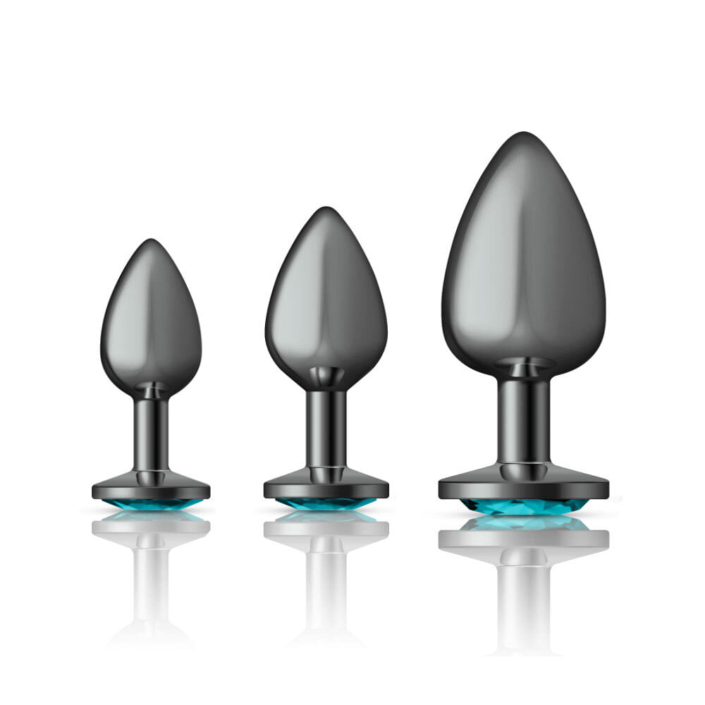 Cheeky Charms – Metal Butt Plug Gunmetal – Round – Teal –  Anal Trainer Kit