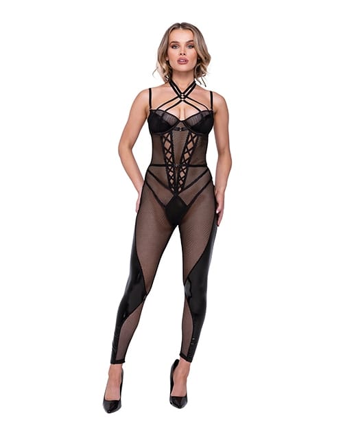 Roma Confidential Fishnet & Faux Leather Catsuit — Black, XL